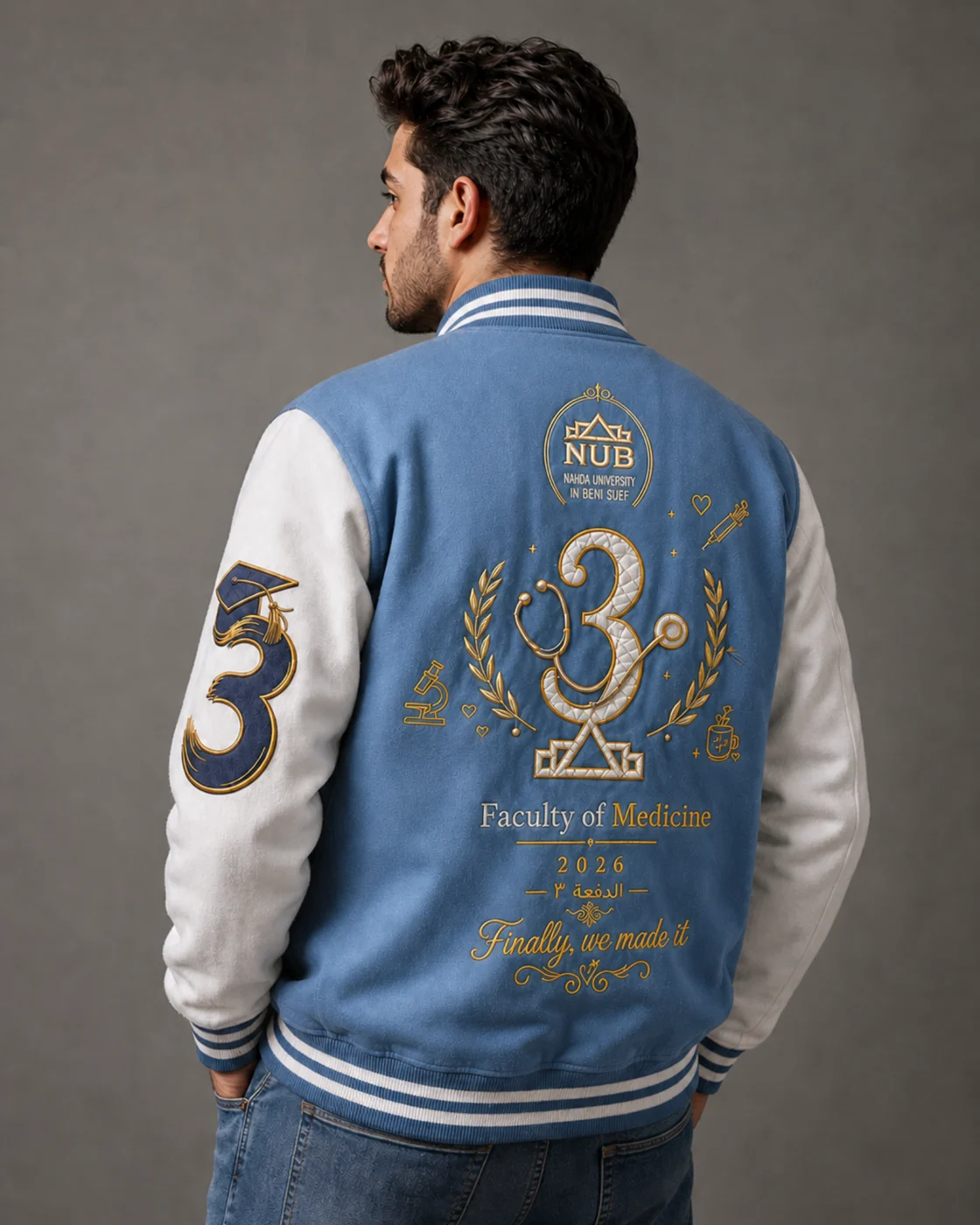 Light blue graduation jacket back design worn by model
