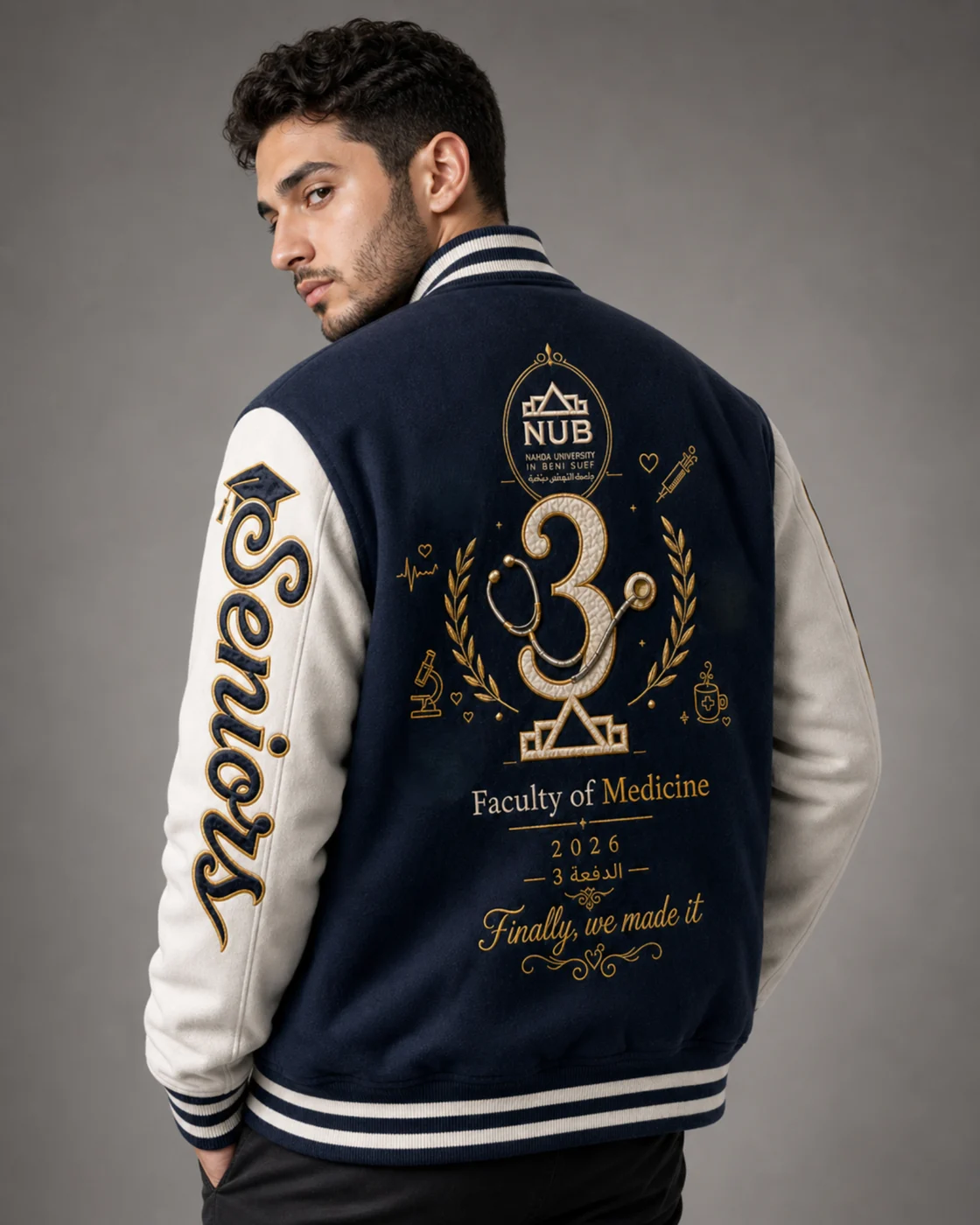 Navy jacket back worn by model