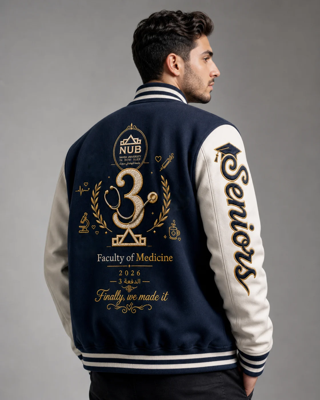 Navy graduation jacket back design worn by model