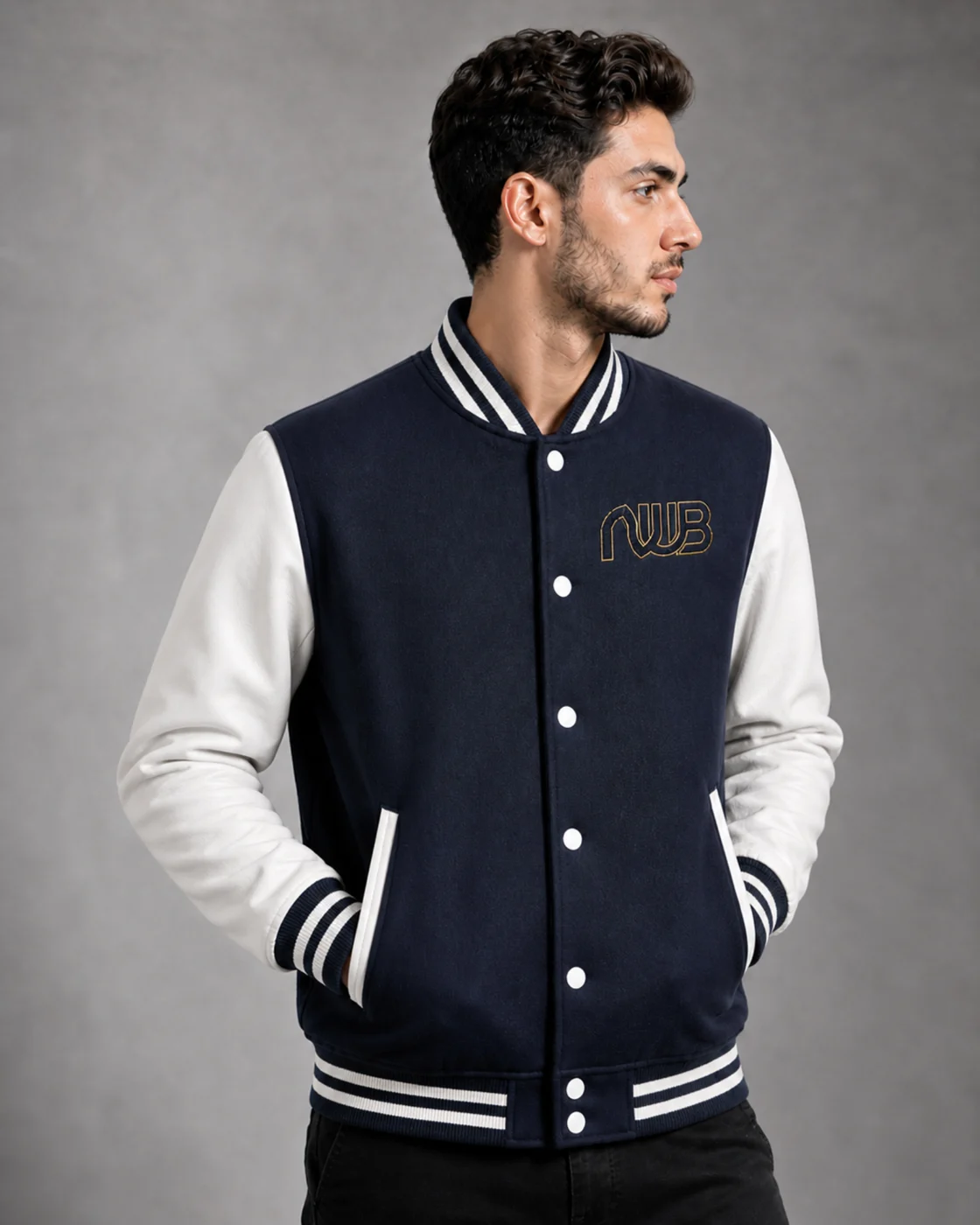 Model wearing the front navy jacket
